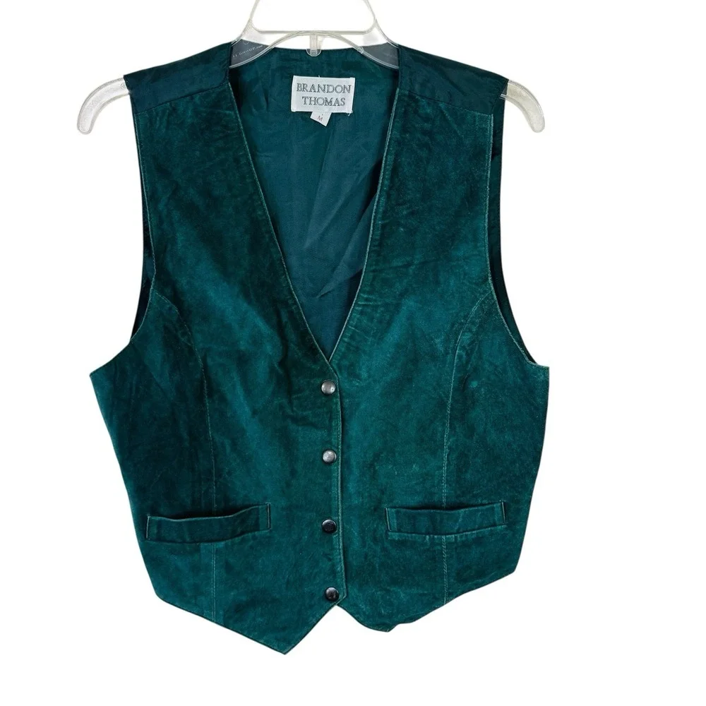 Vintage Brandon Thomas Mens Green‎ Leather Vest M Elastic Back Snap Western
